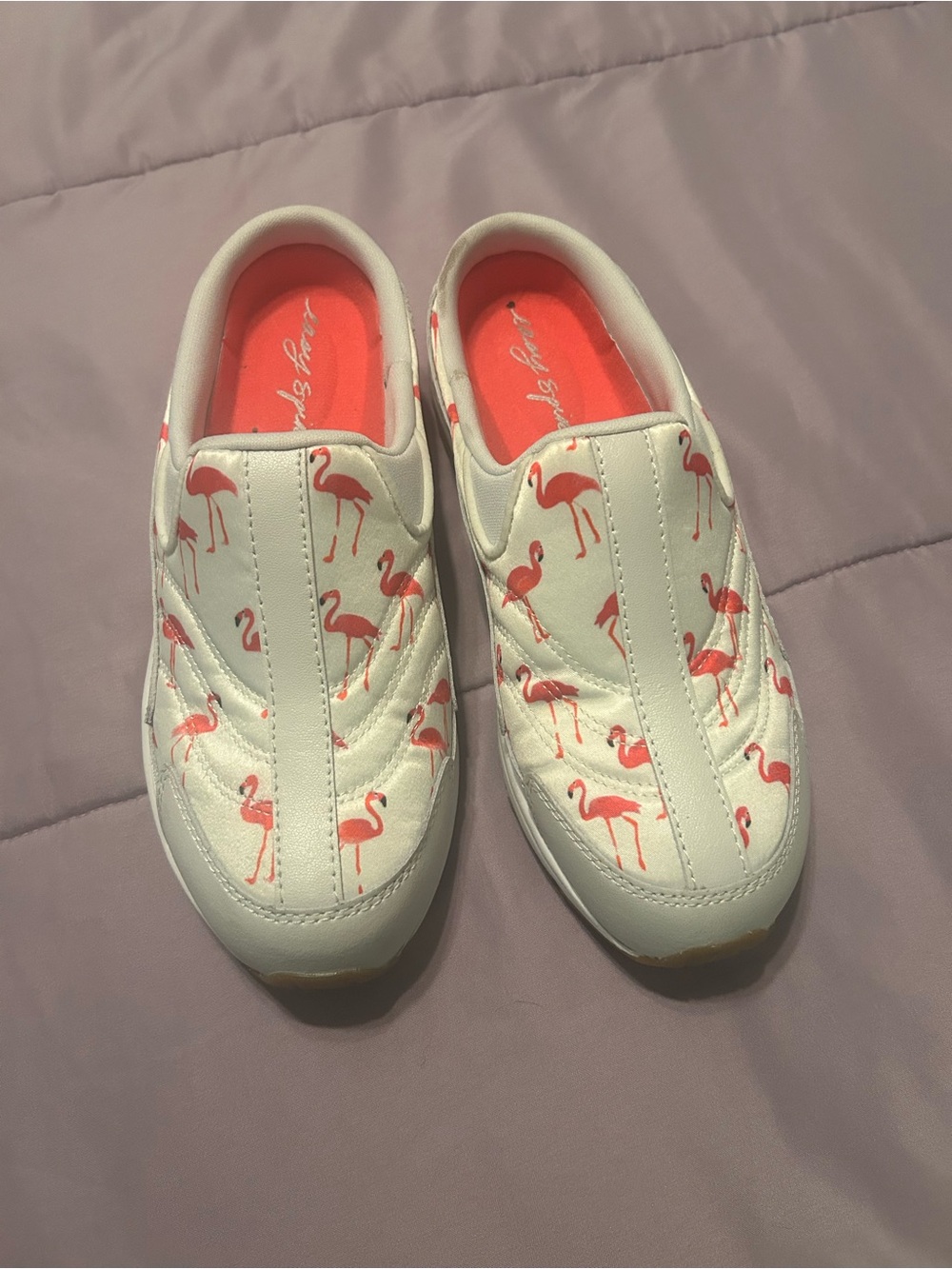 Easy Spirit White Slip-On Sneakers with Pink Flamingo Print